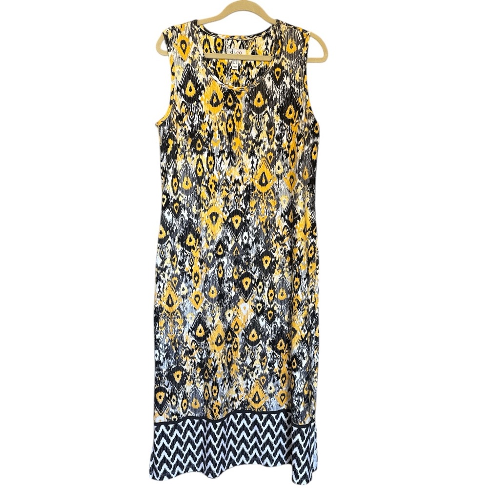 Denim & Co Yellow Black Geometric Ikat Midi Dress Side Slit Knit Petite LP